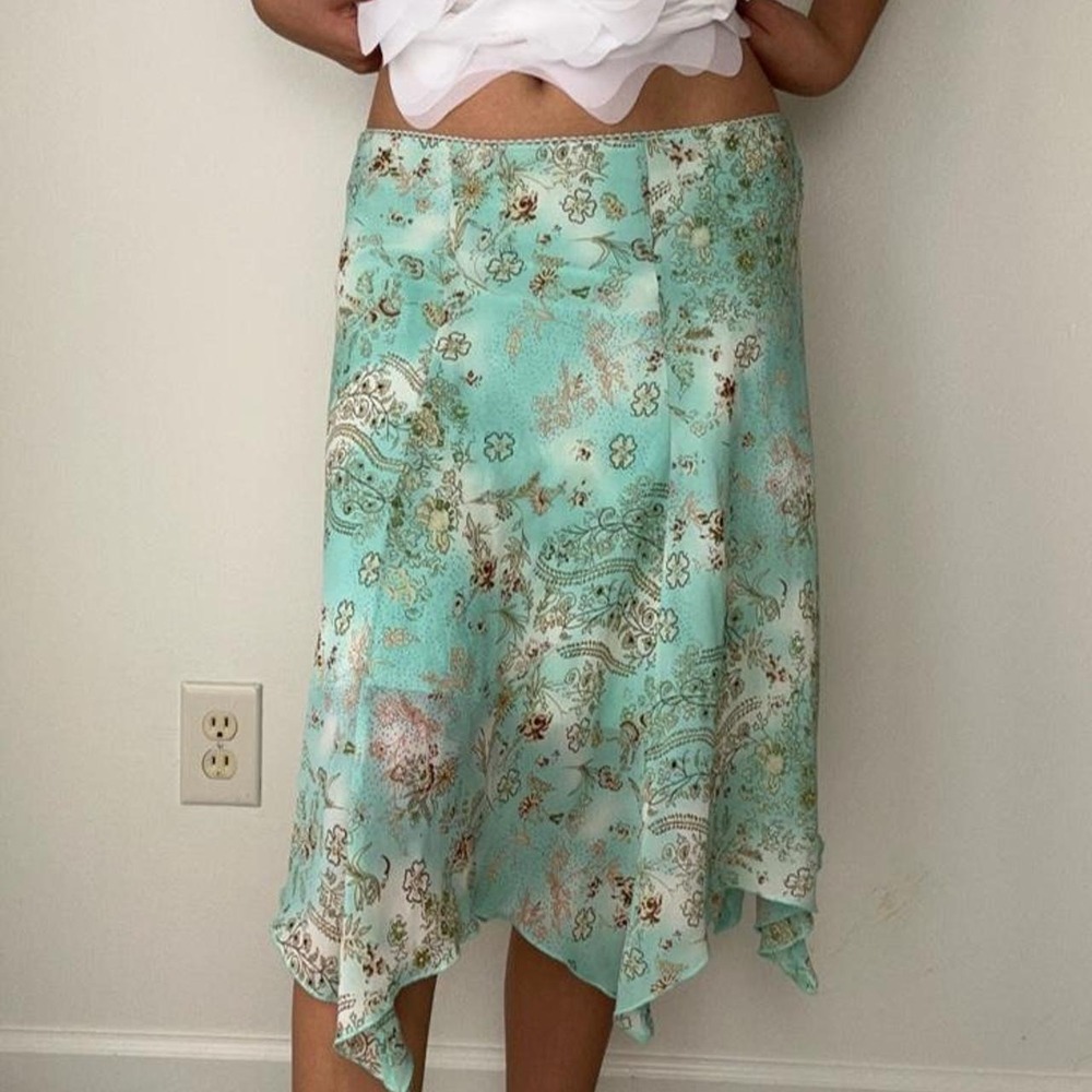00s teal floral midi skirt with floral and paisley print